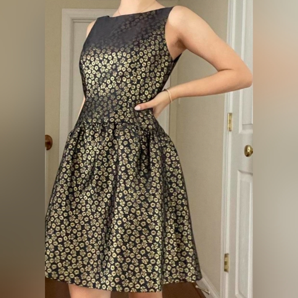 J CREW Y3K Cottage Fairy Romantic 2 Fit Flare Party Gold floral‎ jacquard dress
